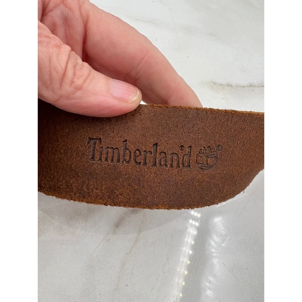 Timberland Mens Brown Genuine Leather Belt Brass Buckle Whipstitch Size 36